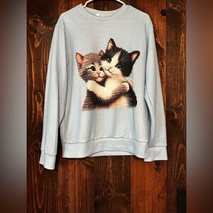Women’s Cute Cat Print Sweatshirt - Light Blue